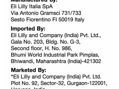 Mounjaro 15mg KwikPen pack panel showing manufactured by Eli Lilly Italia SpA, imported and marketed by Eli Lilly and Company (India) Pvt. Ltd.