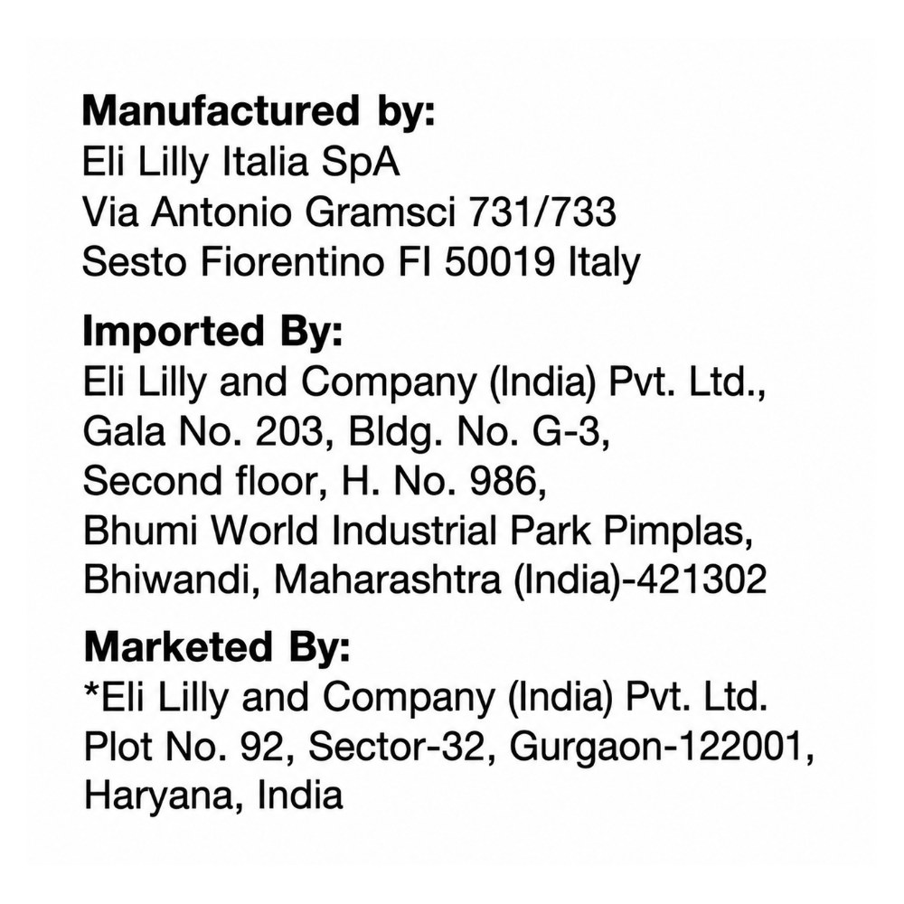 Mounjaro 15mg KwikPen pack panel showing manufactured by Eli Lilly Italia SpA, imported and marketed by Eli Lilly and Company (India) Pvt. Ltd.