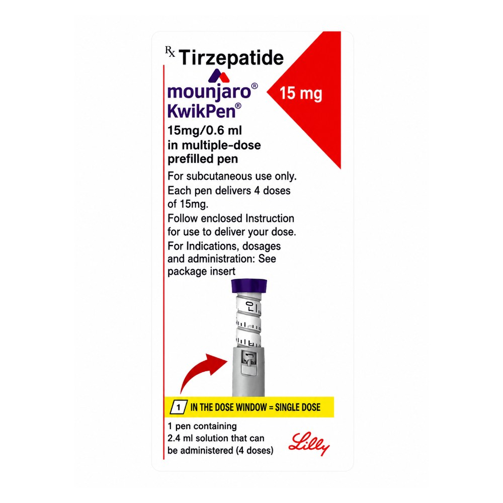 Mounjaro 15mg KwikPen carton - Tirzepatide 15mg/0.6 ml multiple-dose prefilled pen by Eli Lilly, 2.4 ml delivering 4 doses