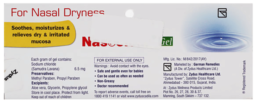 Nasoclear Gel composition and manufacturer label