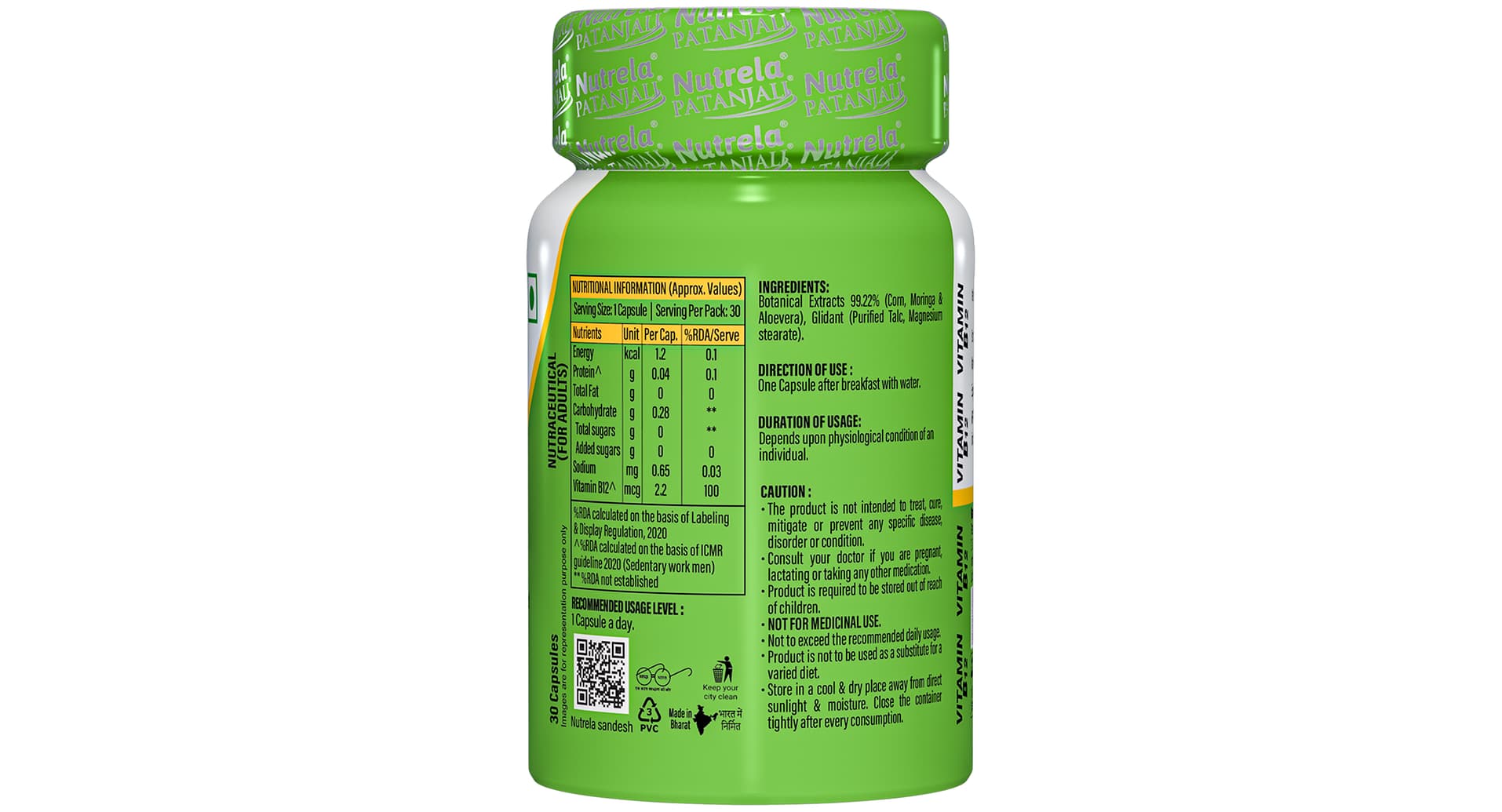 Patanjali Nutrela Vitamin B12 Capsule nutritional information and ingredients