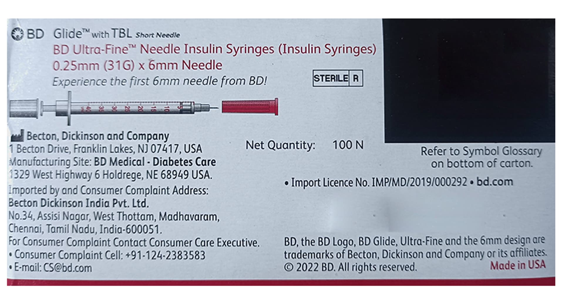 BD Glide insulin syringes box pack