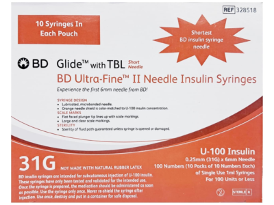 BD insulin syringe with BD ultra-fine needle 100U 31G 6mm