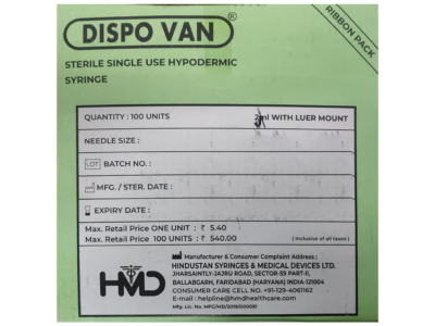 Dispovan single use syringe 2ml pack