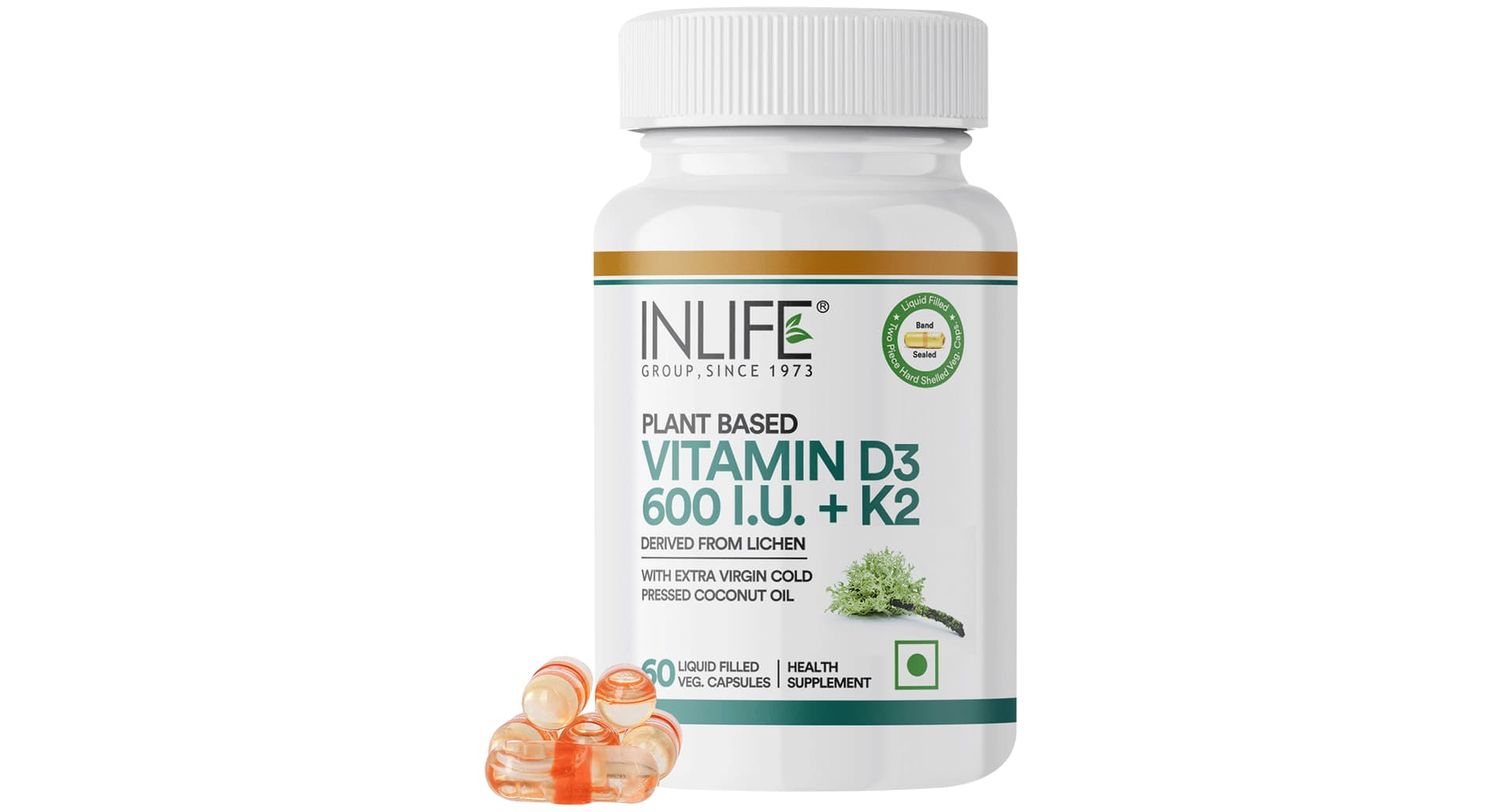 Inlife Plant Based Vitamin D3 600 IU + K2 Liquid Filled Capsule