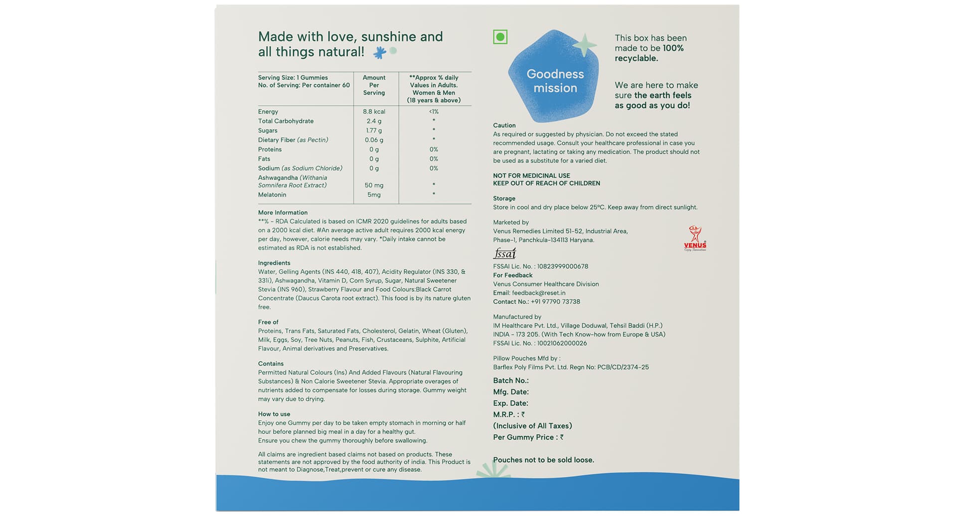 R3SET Ashwagandha Melatonin Gummies back panel with nutrition facts and ingredients