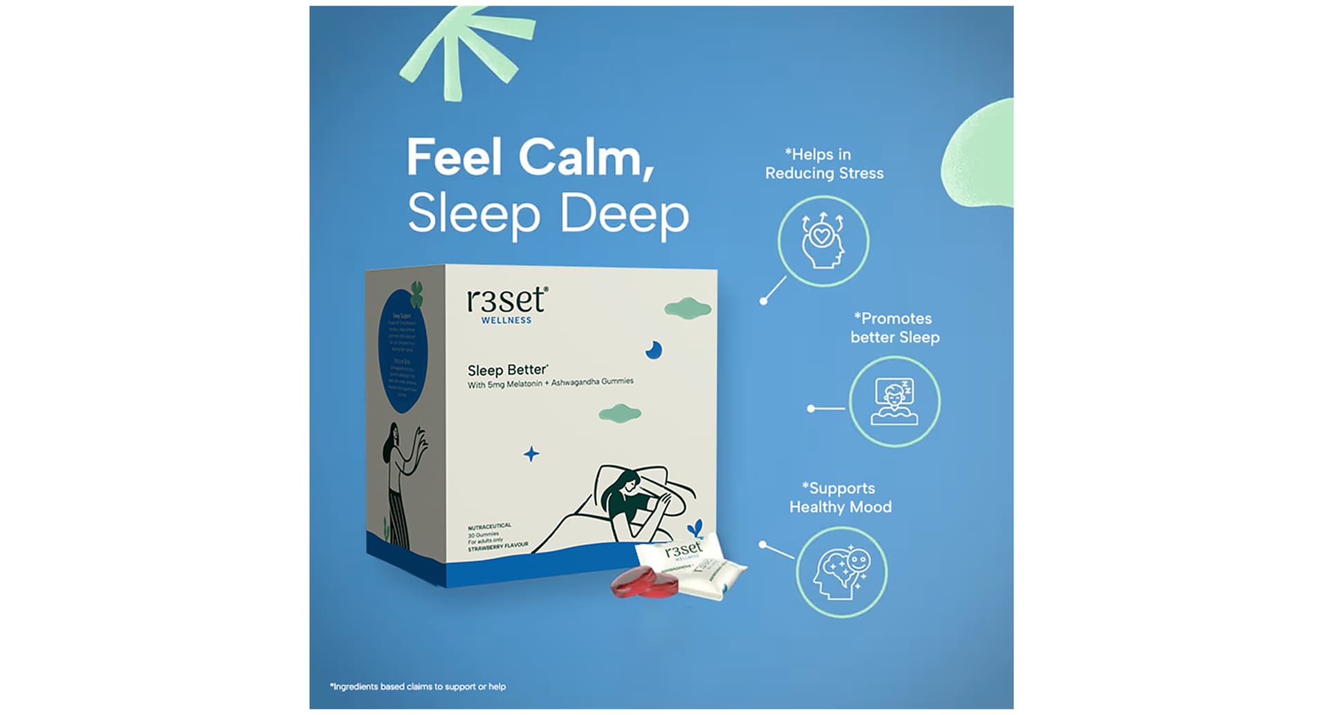 R3SET Ashwagandha Melatonin Gummies benefits - reduce stress, better sleep, healthy mood