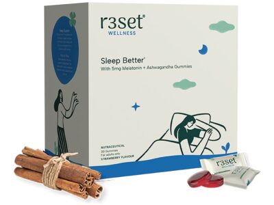 R3SET Ashwagandha Melatonin Gummies with box, cinnamon and gummies