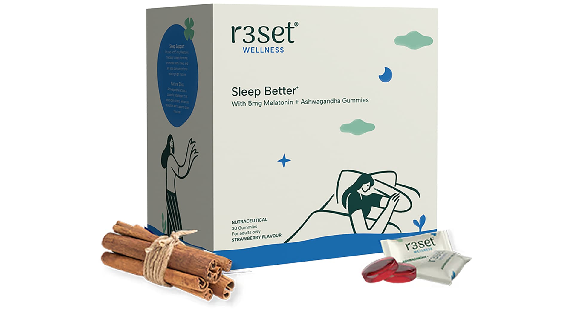 R3SET Ashwagandha Melatonin Gummies with box, cinnamon and gummies