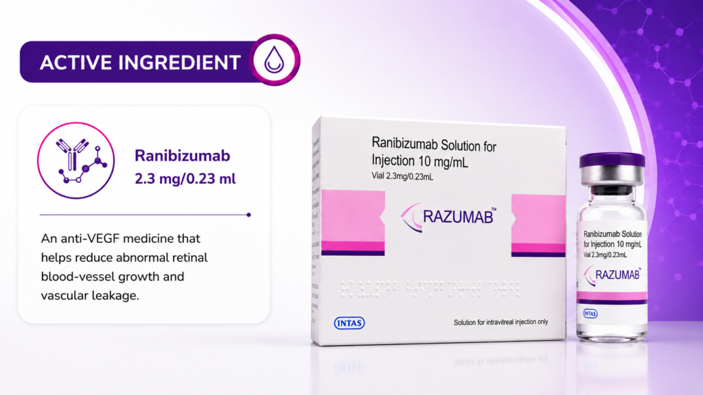 Ranibizumab 2.3 mg per 0.23 ml active ingredient - anti-VEGF medicine reducing abnormal retinal blood-vessel growth