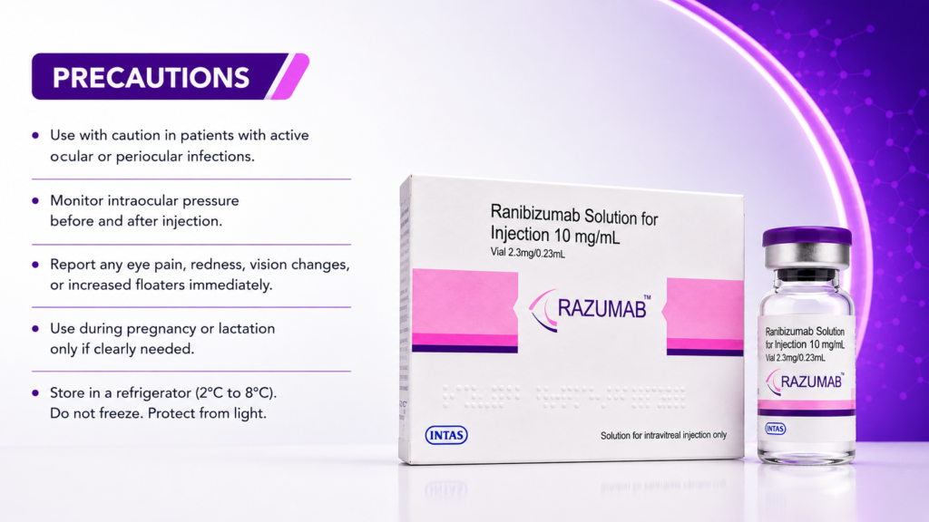 Ranibizumab 2.3 mg Injection precautions - ocular infection caution, intraocular pressure monitoring, refrigerated storage