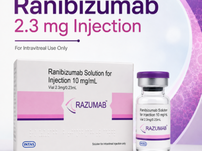 Ranibizumab 2.3 mg Injection (Razumab by Intas) carton and vial - for intravitreal use only