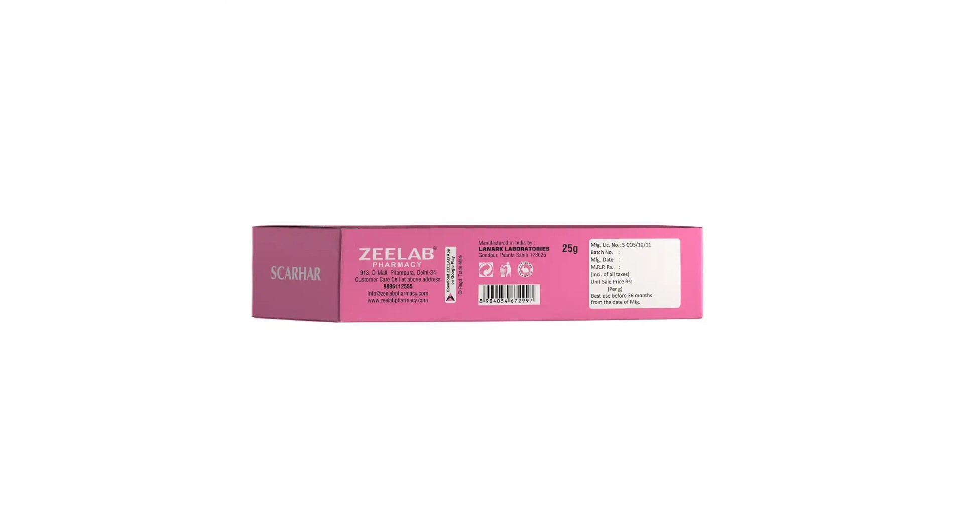Scarhar Silicone Gel back panel with manufacturing and composition details