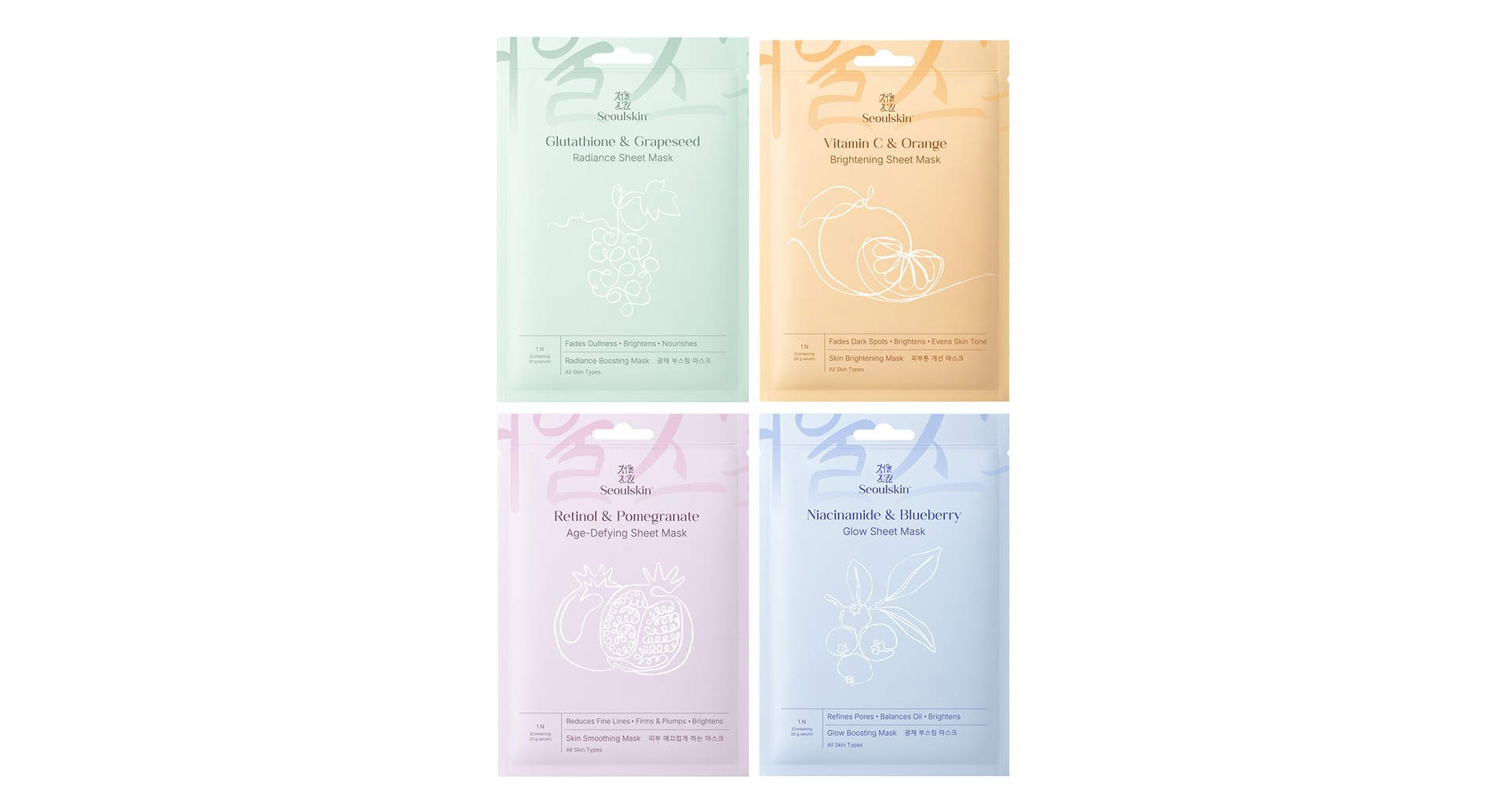 Seoulskin Korean Sheet Mask Discovery Combo pack of 4 sachets