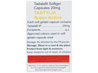 Tastylia Super Active 20 Mg Softgel Capsule composition label