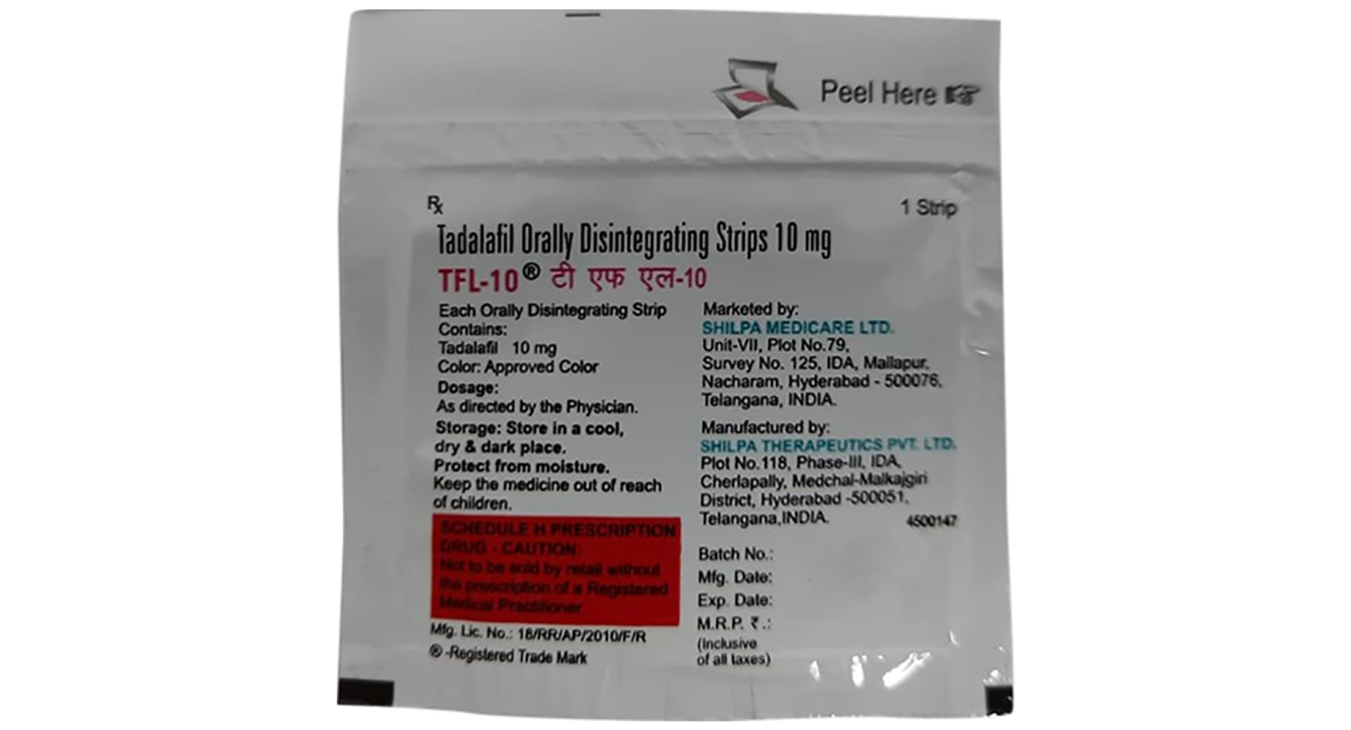 TFL-10 Tadalafil Orally Disintegrating Strip sachet composition details