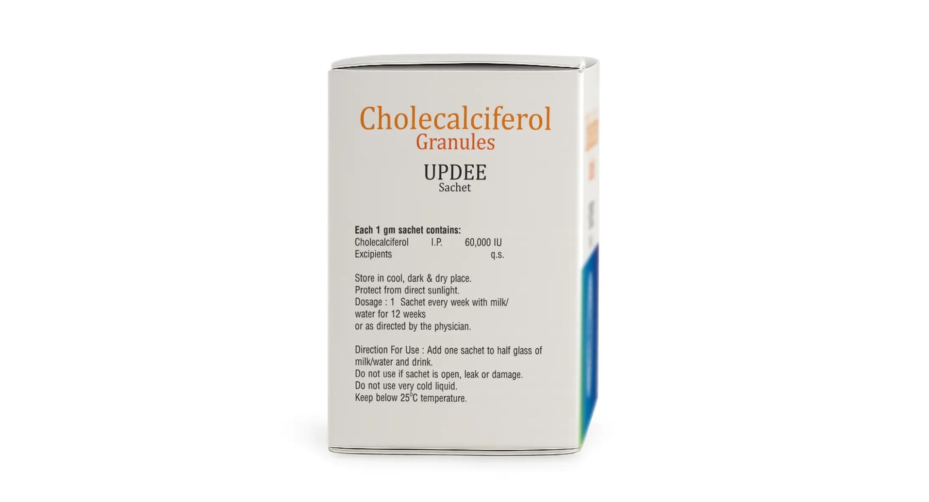 Updee Vitamin D3 Sachet box side panel with dosage