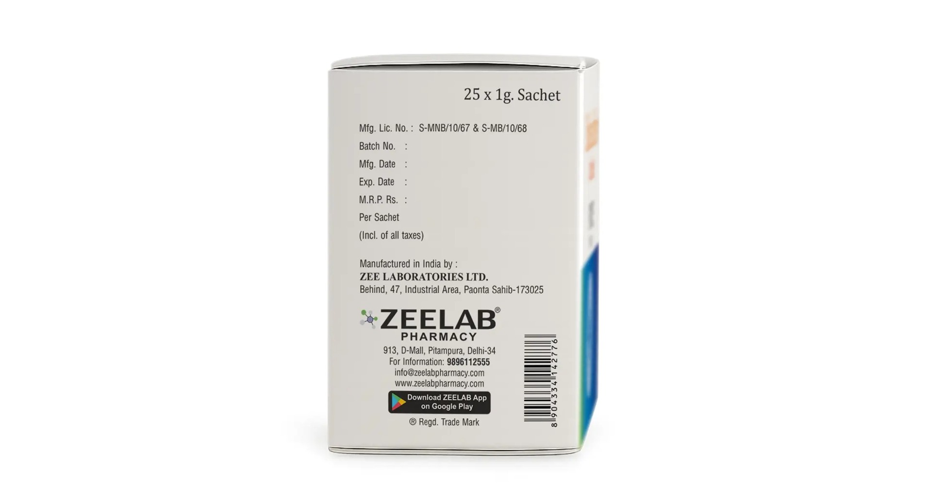 Updee Vitamin D3 Sachet box back label manufacturer details