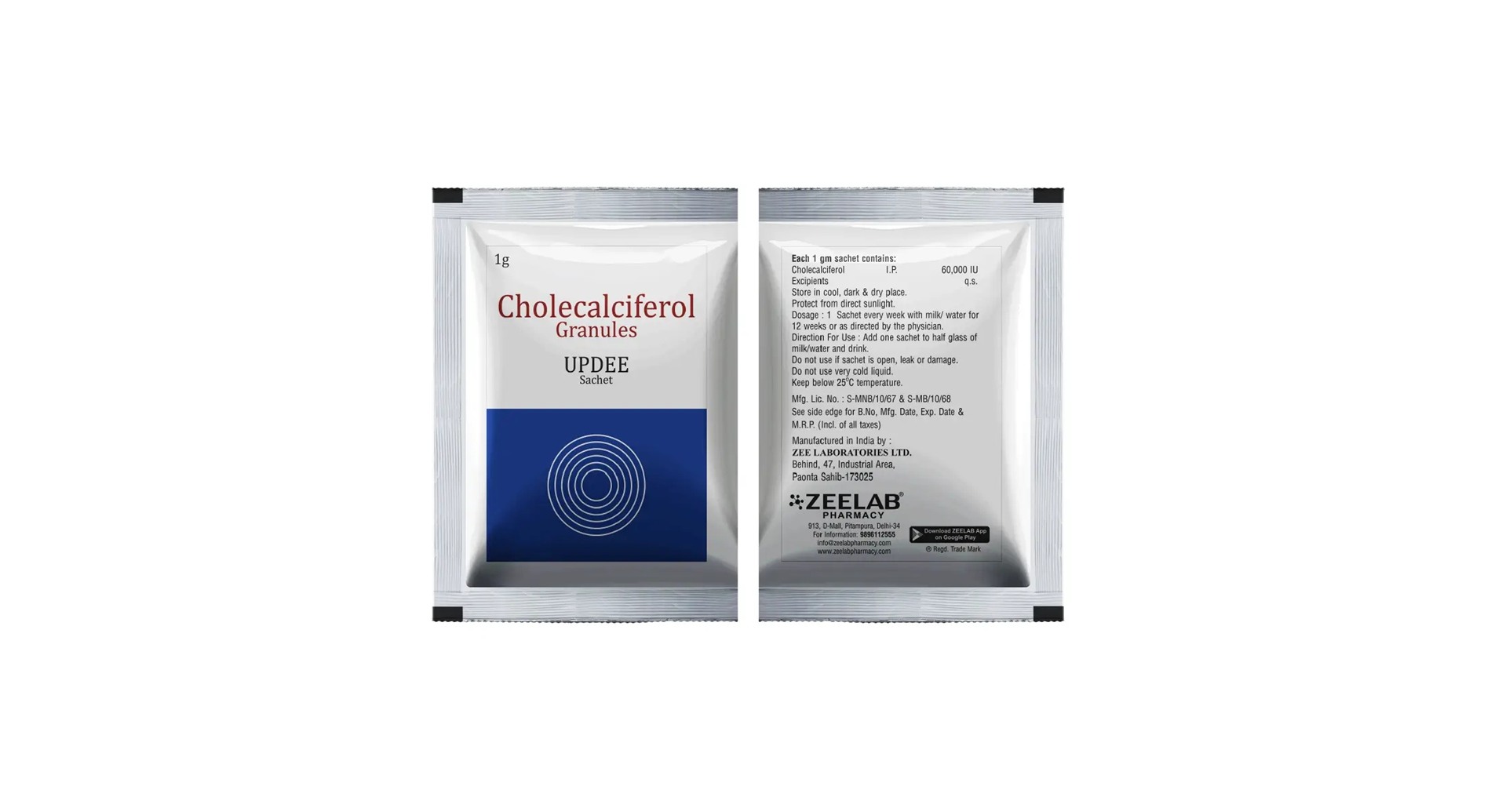 Updee Vitamin D3 Sachet front and back pack