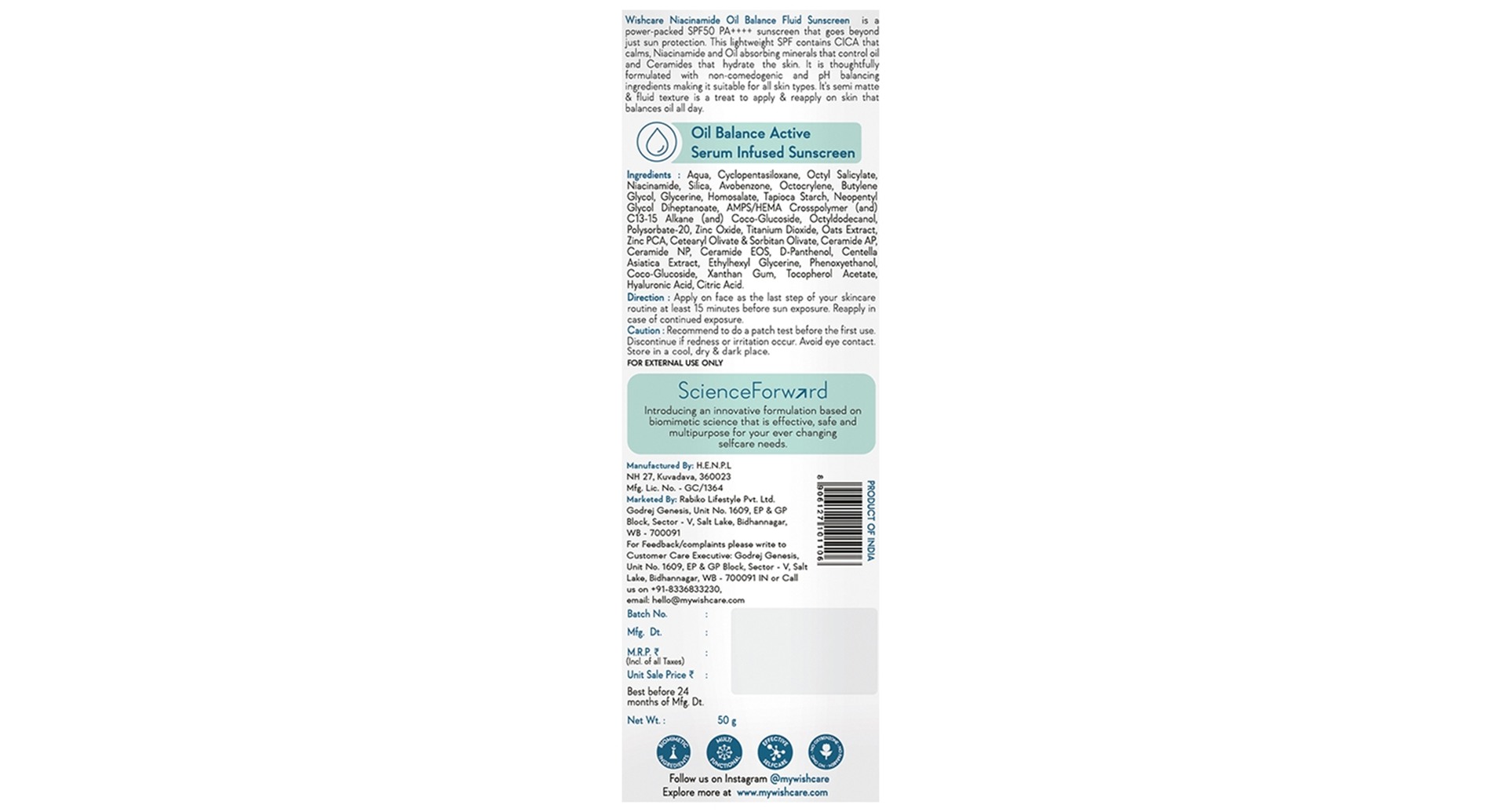 WishCare Niacinamide Oil Balance Fluid Sunscreen SPF 50+ PA++++ Light and Matte - Image 2