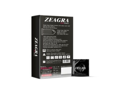 Zeagra Dotted Condoms back label with specifications and manufacturer information