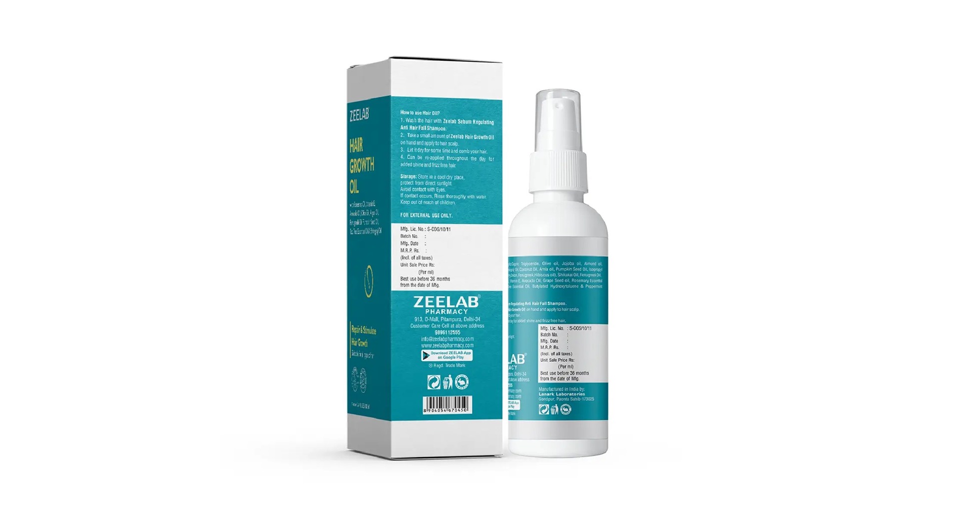 Zeelab Hair Growth Oil box back panel with manufacturer details