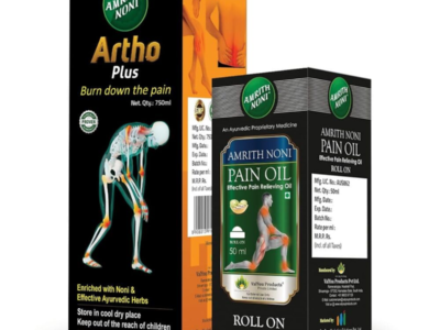 Amrith Noni Artho Plus Juice and Pain Oil Roll-On Combo pack front view