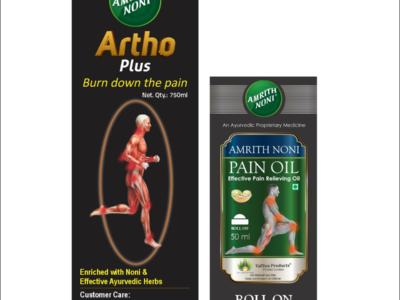 Amrith Noni Artho Plus Juice and Pain Oil Roll-On Combo pack side view