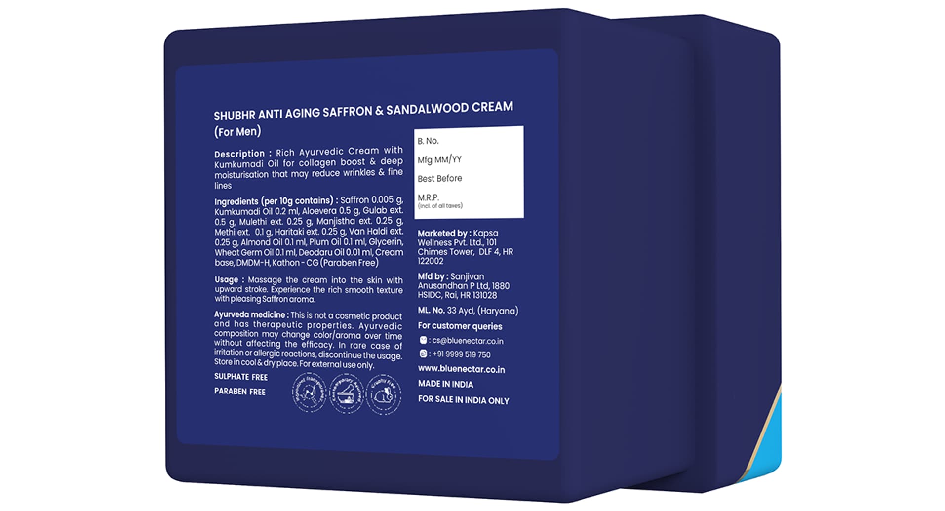 Blue Nectar Shubhr Saffron and Sandalwood Anti Aging Cream pack side view