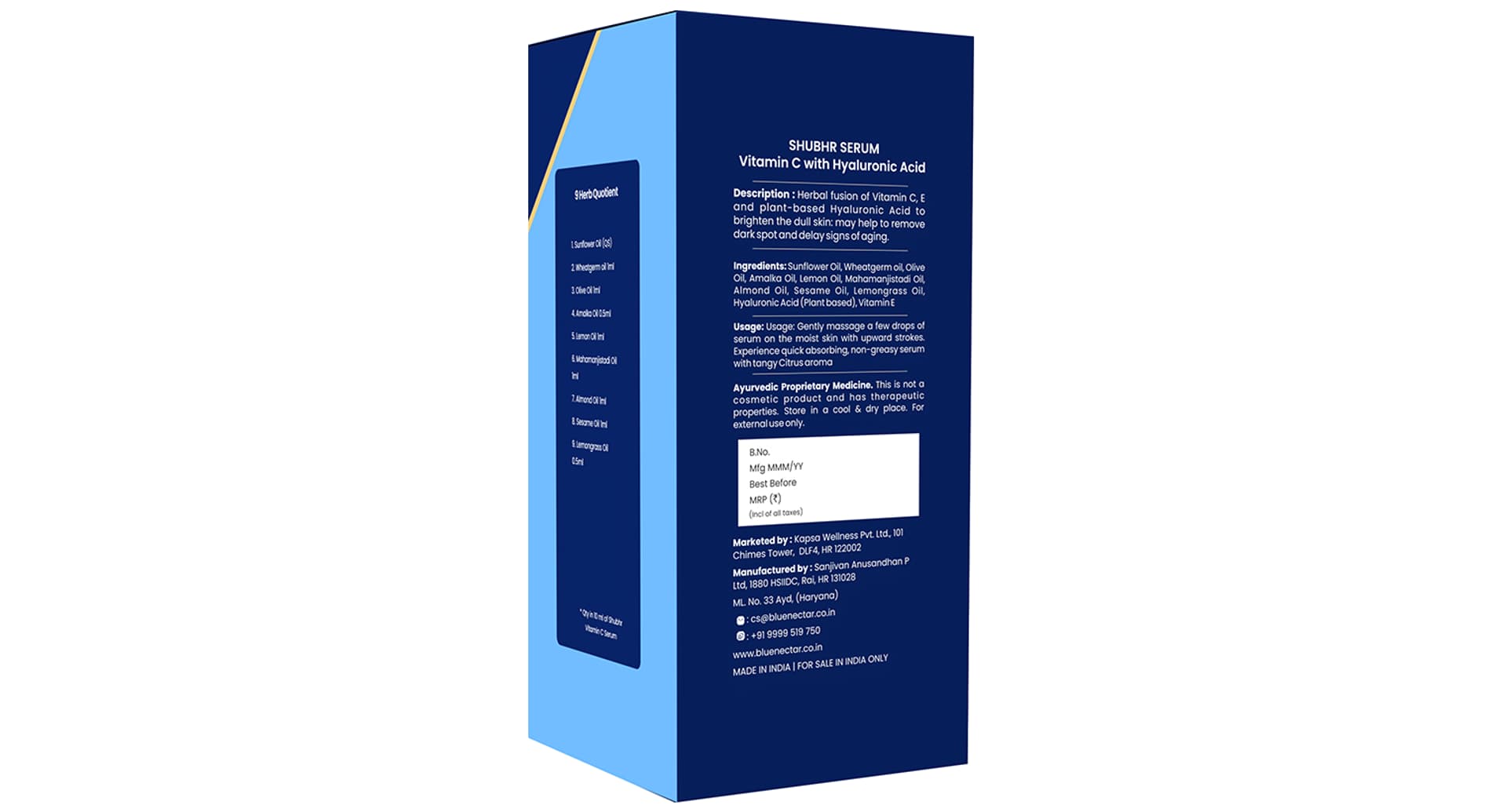 Blue Nectar Shubhr Serum Vitamin C with Hyaluronic Acid pack side view