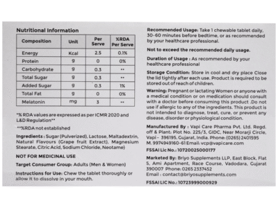 Briyo Melatonin 3mg chewable nutritional panel