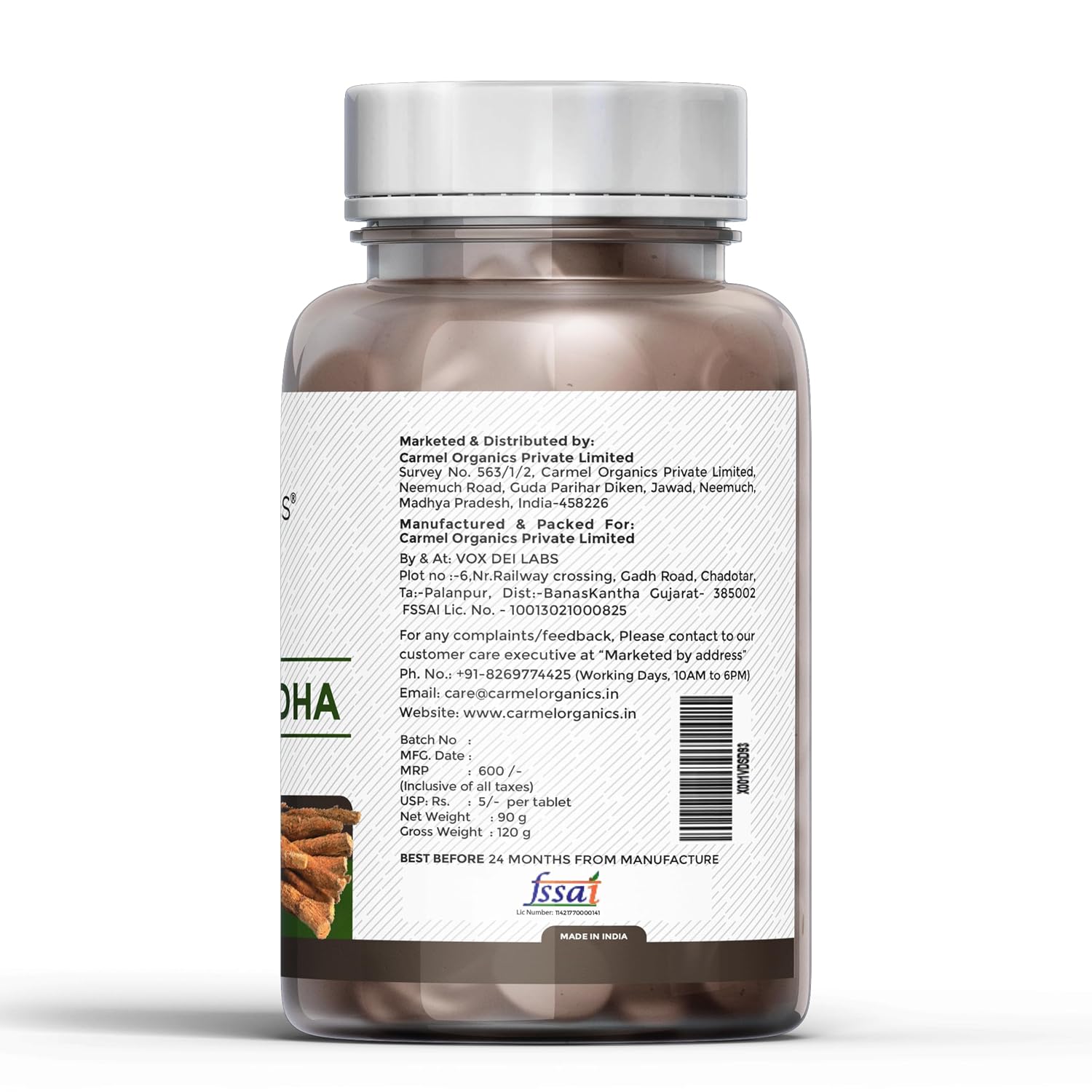 Carmel Organics Ashwagandha Extract Tablets label