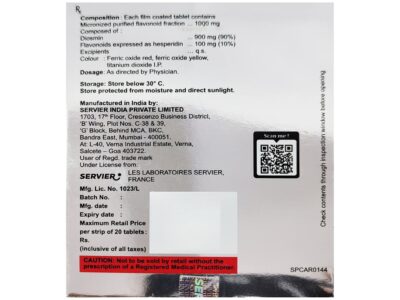 Daflon 1000mg Tablet back of pack with composition, storage and manufacturer