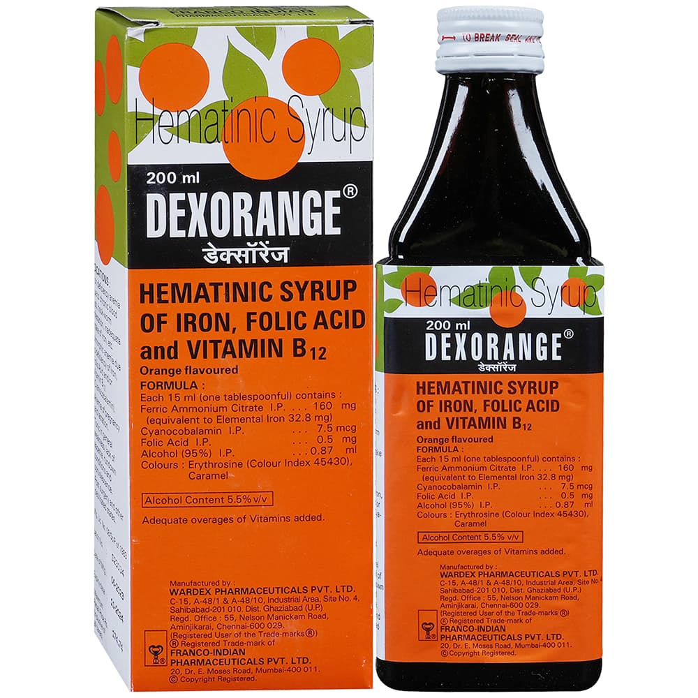 Dexorange Syrup 200ml - hematinic syrup of iron, folic acid and vitamin B12 pack