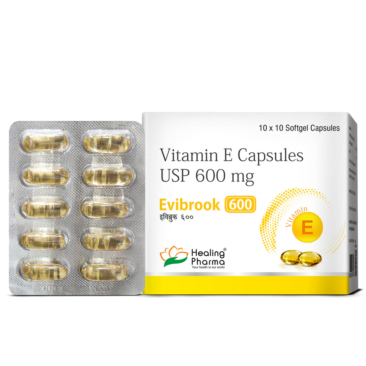 Healing Pharma Evibrook Vitamin E Capsules strip blister view