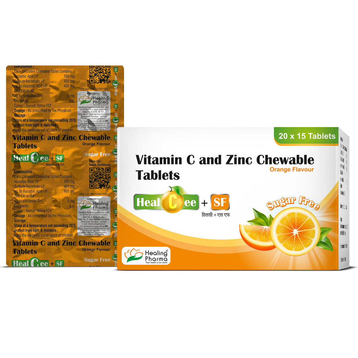 Healing Pharma Healcee SF Vitamin C and Zinc Chewable Tablets pack front view