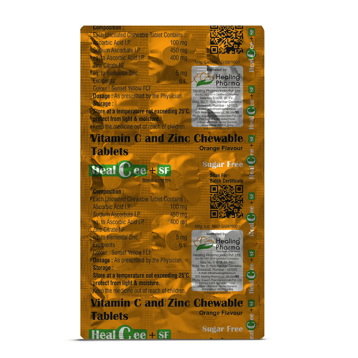 Healing Pharma Healcee SF Vitamin C and Zinc Chewable Tablets pack side view