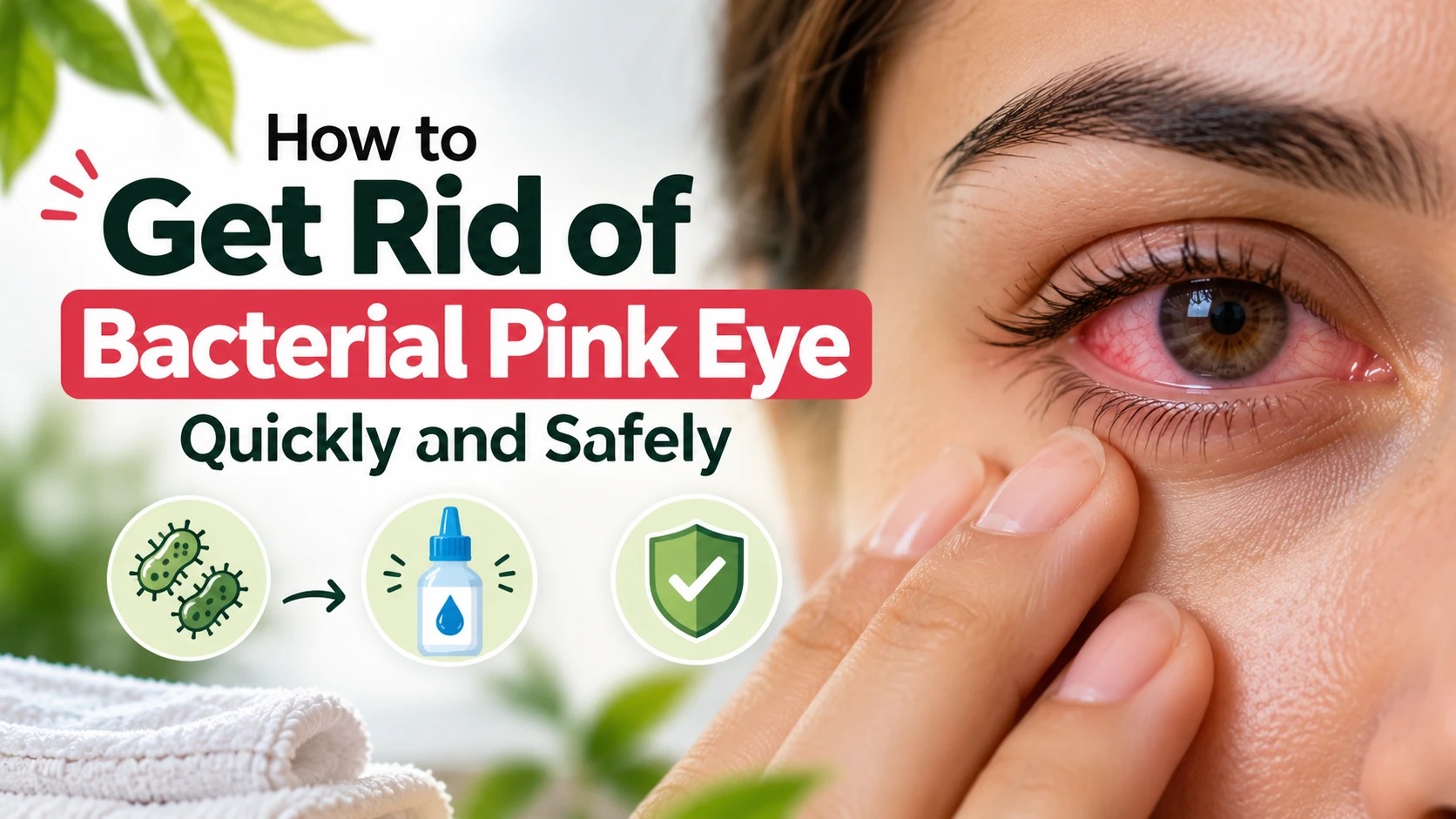 Close-up of a red, inflamed eye with bacterial pink eye, next to icons showing bacteria, antibiotic eye drops and a protection shield