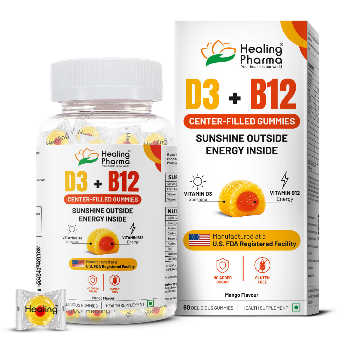 Healing Pharma Vitamin D3 and B12 Center-Filled Gummies pack front view