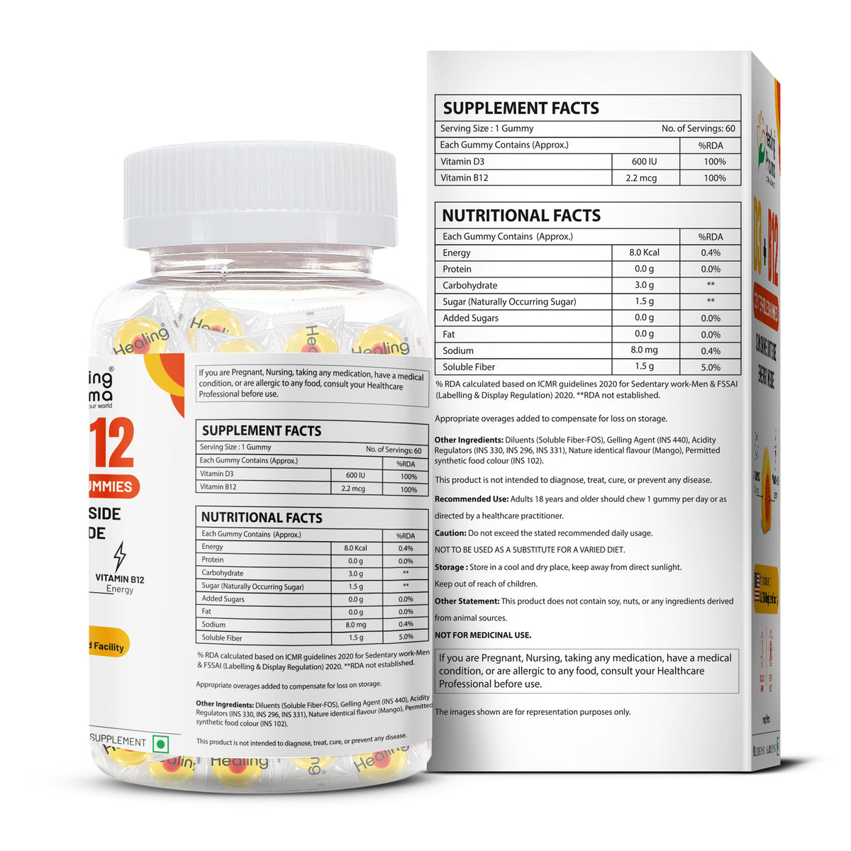 Healing Pharma Vitamin D3 and B12 Center-Filled Gummies pack back view