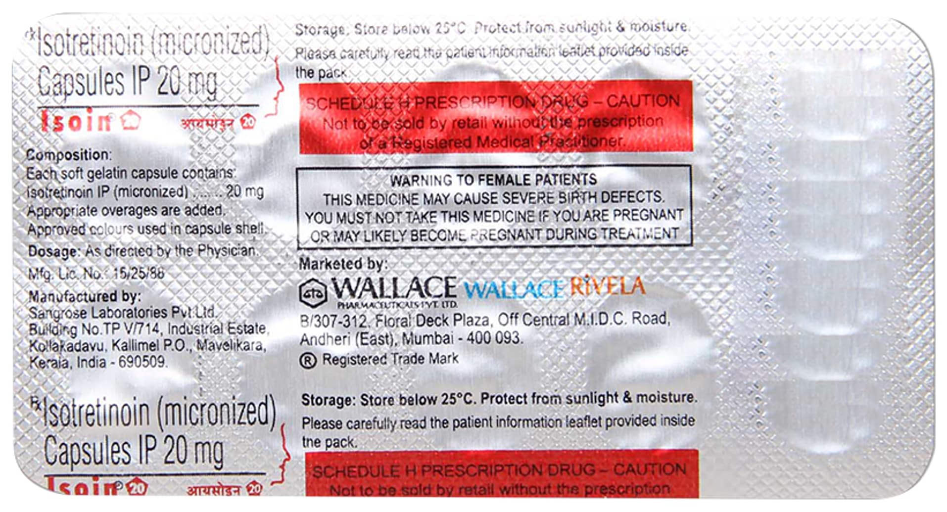 Isoin 20mg Capsule pack back view