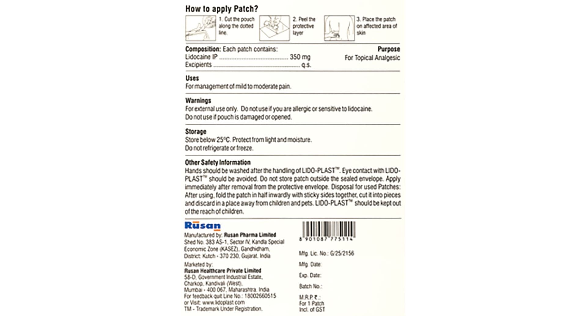 Lido-Plast Lidocaine 350mg/12h Transdermal Patch