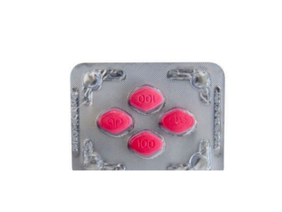 Lovegra 100mg blister front showing four pink sildenafil tablets