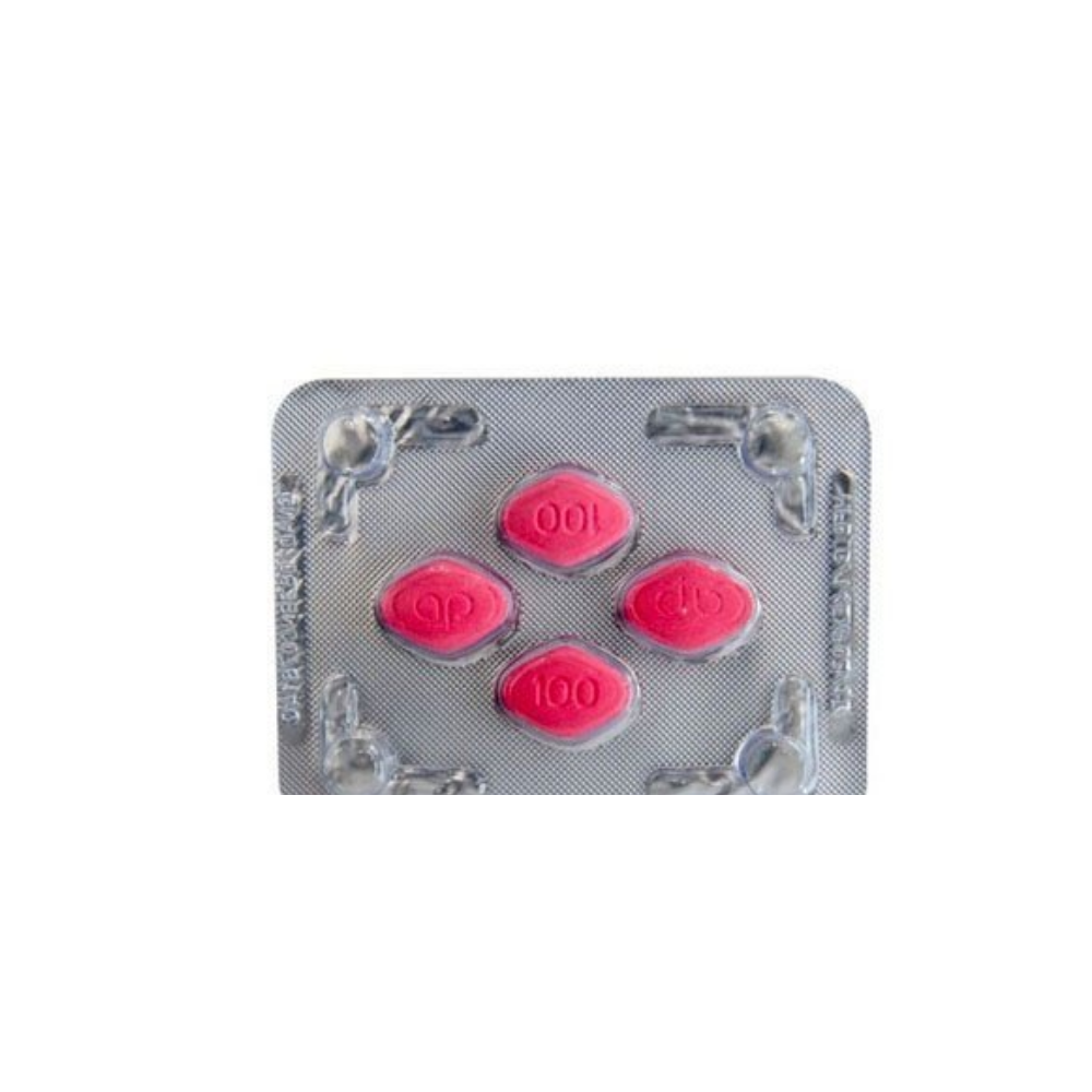 Lovegra 100mg blister front showing four pink sildenafil tablets