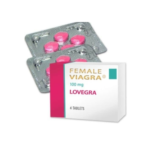 Lovegra 100mg female pink pill box with two blister strips of sildenafil tablets