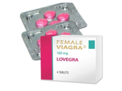 Lovegra 100mg female pink pill box with two blister strips of sildenafil tablets