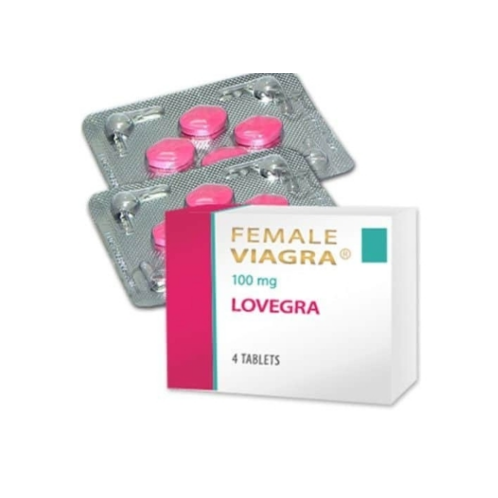 Lovegra 100mg female pink pill box with two blister strips of sildenafil tablets