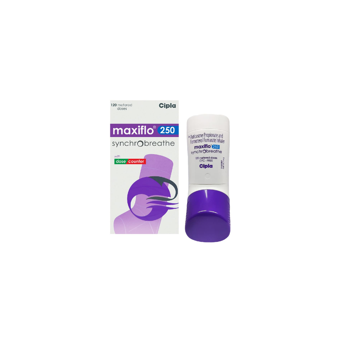 Maxiflo Synchrobreathe 6mcg 250mcg Inhaler pack side view