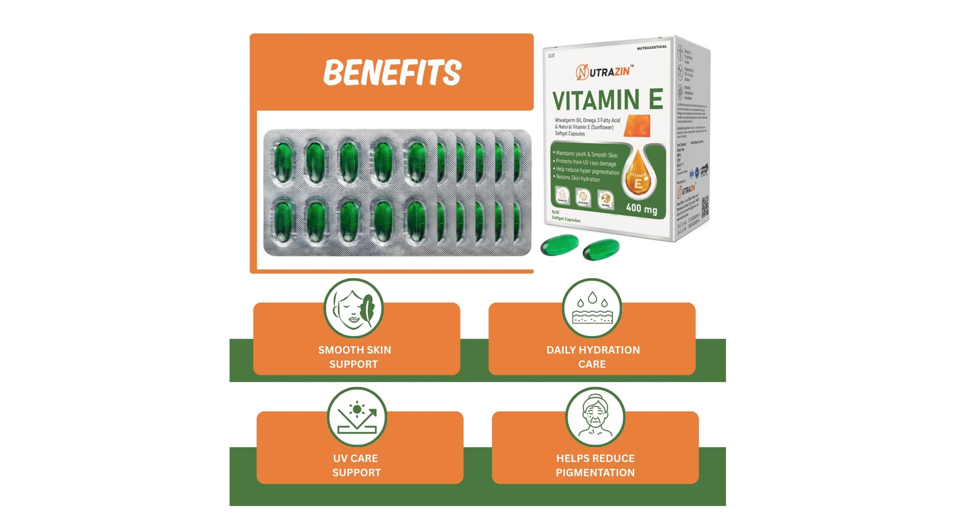 Nutrazin Vitamin E 400mg Softgels with Wheatgerm Oil and Omega 3