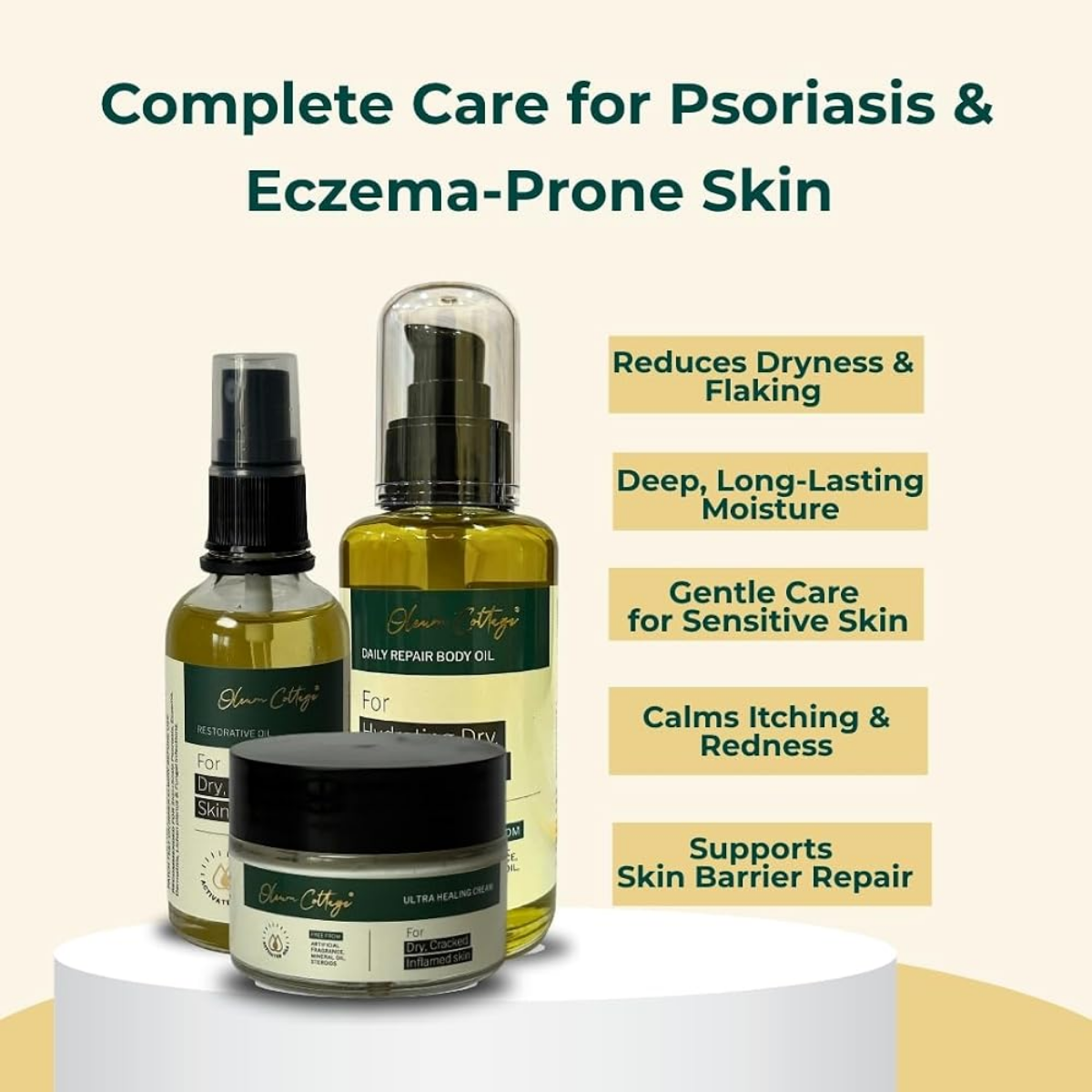 Oleum Cottage Complete Care Bundle for Psoriatic and Eczematous Skin pack side view